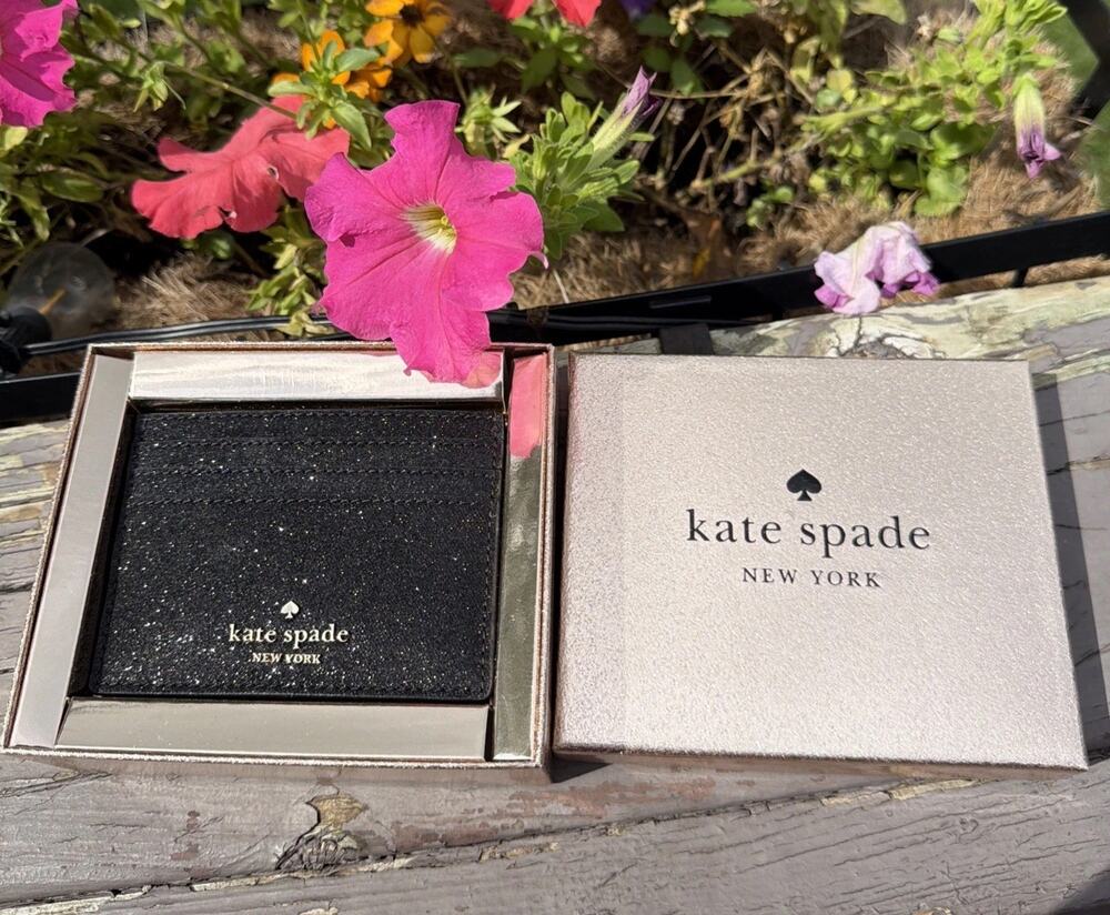 Kate Spade Black Glitter Card Holder Wallet Slim Sparkle Glam Designer Gift Box